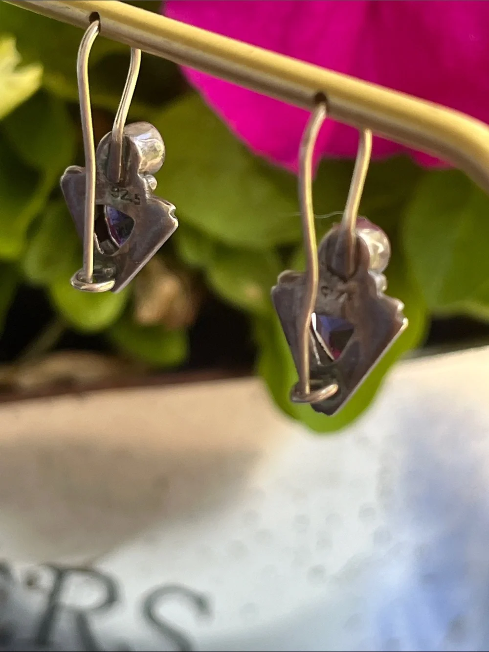 Sterling Silver Iolite & Amethyst Triangular Drop Earrings Vintage